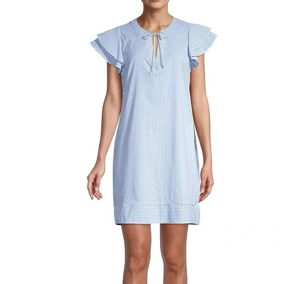 Vineyard Vines dress performance ruffle sleeve shift blue and white stripes - Picture 2 of 12